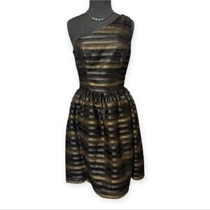 Jill Stuart Black Gold Striped Mesh One Shoulder Mini Y2K Holiday Cocktail Dress